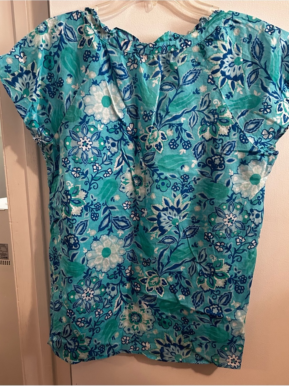 Talbots Teal and White Floral Short Sleeve Blouse